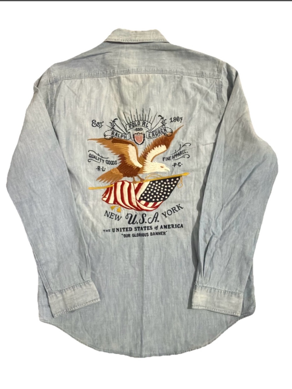 Ralph Lauren Light Blue Denim Shirt with Embroidered Eagle and Flag Size Small